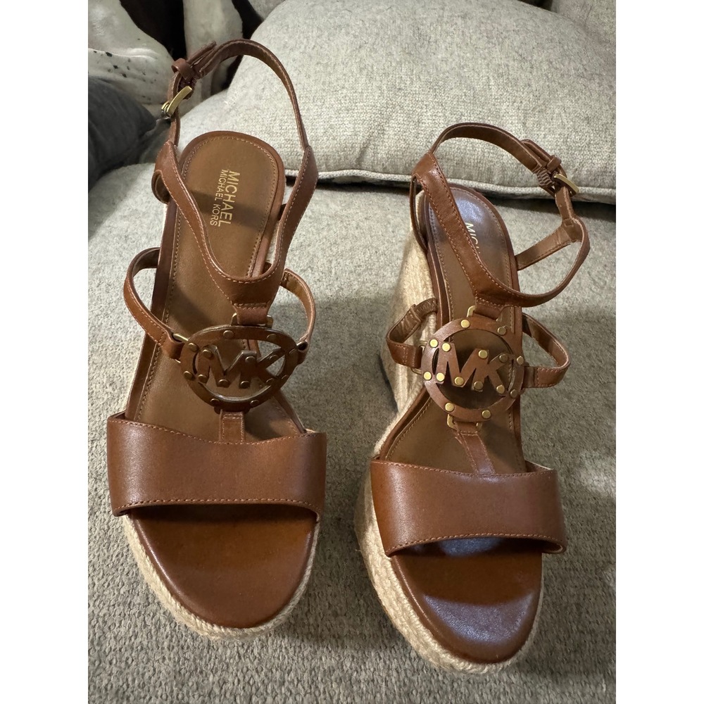 Michael Kors Brown Leather Espadrille Wedge Sandals MK Logo Medallion 6.5M